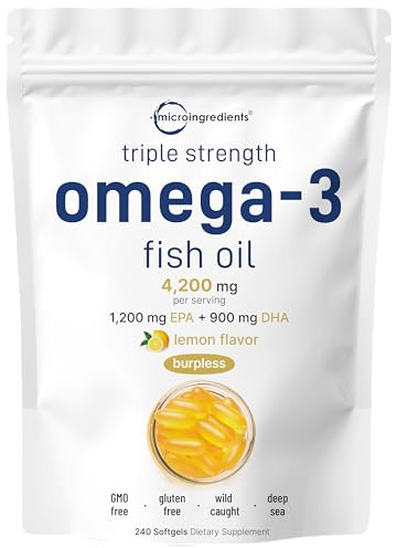 Micro Ingredients Triple Strength Omega 3 Fish Oil Supplements 4200mg Per Serving, 240 Softgels – Lemon Flavored – Burpless | EPA 1200mg + DHA 900mg | Deep Sea Fish