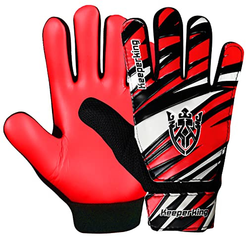Keeperking - Guanti da portiere per bambini, ragazzi e ragazze, guanti da calcio, taglia 4, colore rosso, nero e bianco