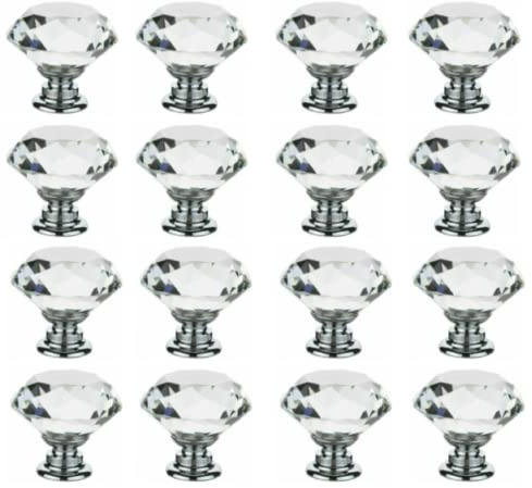 Taps2Traps Pack of 16 x Large Crystal Diamond Glass Door Knobs for Cupboard Drawer Furniture Handle Cabinet