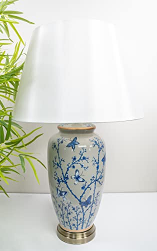 DOWNTON INTERIORS Large Grey Chinese Oriental Ceramic Table Lamp Blue Butterfly Floral Pattern Overall Height 69cm G2109 (Cream Plain Shade)