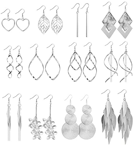 12 par silverörhängen för flickor, silverörhängen boho-örhängen set, runda/prisma/fjäder/kedja/vågtwist enkel/dubbel linjär ihålig/blomma/hjärta/löv/långa/fransar örhängen