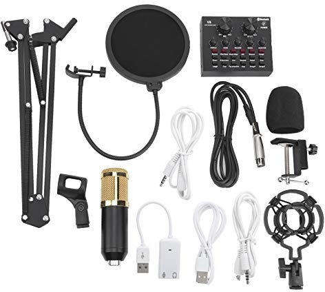 Tarjeta de sonido V8 con micrófono de condensador, BM800 Micrófono de condensador Kits de grabación de estudio Soporte ajustable para tarjeta de sonido Mezclador de audio en vivo Consola de