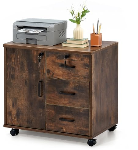 LEMROE File Cabinet with Lockable Cabinet 3 Drawer, Office Under Desk Brown | Lateral Printer Stand with Wheels and Door, Wooden Mobile Filing Unit on Wheels, Storage Cupboard for Home Work Study