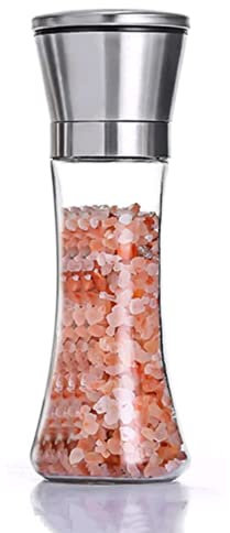 KitsKap Stainless Steel Manual Salt and Pepper Grinder, Adjustable Ceramic Sea Salt & Pepper Mill, Glass Salt and Pepper Shakers (Large, Silver)