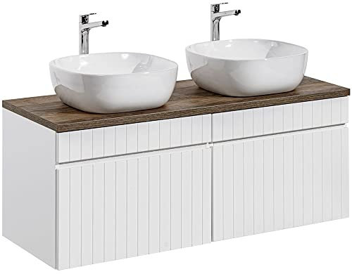 Lomadox Badmöbel Waschbeckenunterschrank Doppelwaschbecken 120cm in weiß matt mit Vintage Eiche Nb., B/H/T ca. 120,4/63,5/46 cm