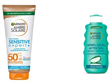 Garnier Sonnenschutzmilch mit LSF 50+, Sehr leichte und rückstandslose Sonnencreme für helle und empfindliche Haut & After Sun Lotion, Kühlende und beruhigende Bodylotion mit Aloe Vera