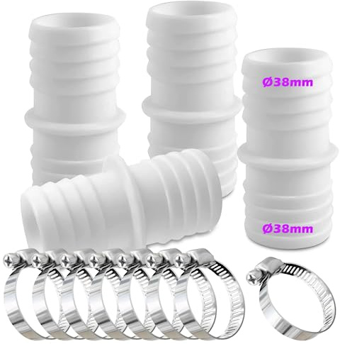 Rhsemi Lot de 4 raccords de tuyau de 38 mm avec 8 colliers de serrage - Adaptateur de tuyau double (blanc)