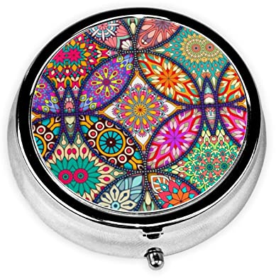 Runde Pillendose mit Mandala-Druck, tragbar, Mini-Pillendose aus Metall, Eisen, Pillendose, Organizer mit 3 Fächern für Tasche, Geldbörse
