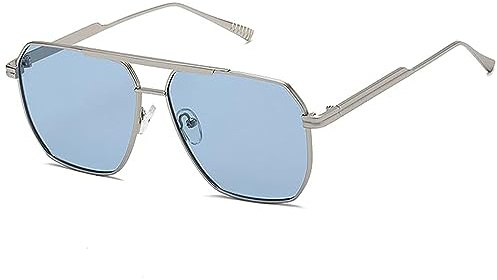 YUELUQU Retro übergroße quadratische Sonnenbrille für Damen Herren Vintage Shades UV400 Klassischer großer Metallrahmen(Silber/blau)