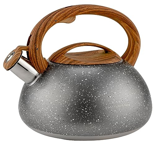 KARL HAUSMANN Wasserkessel Induktion (3 L), Grau marmoriert mit Pfeife | Edelstahl Korpus, abnehmbarer Deckel, Griff in Holzoptik, 17,5 cm Boden, für Gas und Glaskeramik