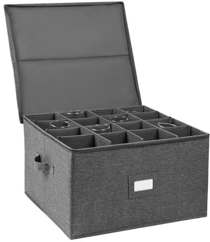 Stemware Storage Cases, Wine Glass Storage Box Containers with Dividersfor Glassware or Crystal, Holds 16 Red or White Wine Glasses, Hard Top and Stackable (Grey)
