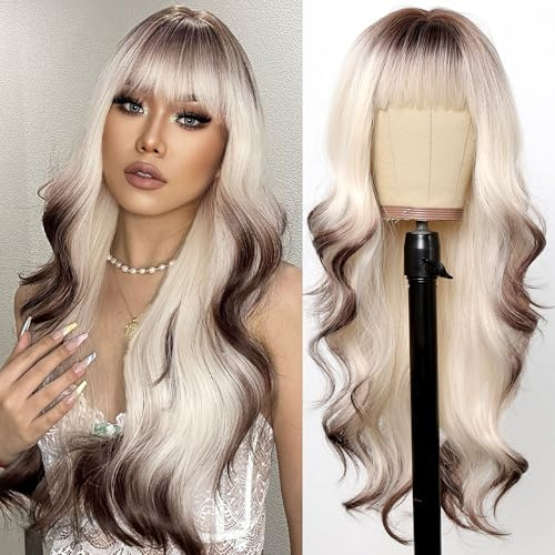 testar Lange Platin Braune Ombre Wellenperücken Für Frauen 26 Zoll Weiße Blonde Perücken Synthetische Lockige Perücken Für Die Tägliche Party Jeden Anlass