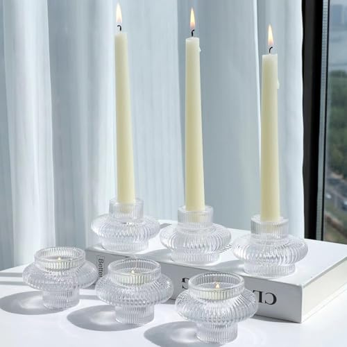Vohocandle Klarer Kerzenständer, 6er-Set, Kerzenhalter aus Glas für Tischdekoration und Hochzeit, Glas-Stumpenkerzenhalter für den Tischaufsatz bei Hochzeiten