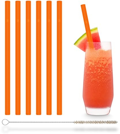 HALM Arancione NEON Cannucce di vetro 6 pezzi 20 cm Festa luce nera + spazzola di pulizia senza plastica - Lavabili in lavastoviglie - Ecologiche - Cannucce di cristallo