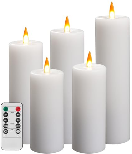 Da by 5 Stück Weiße Paraffin LED Kerzen, Realistische Flackernde Säulenkerzen mit Fernbedienung, Wiederverwendbare Batteriebetriebene Dekokerzen für Innen und Festdekoration