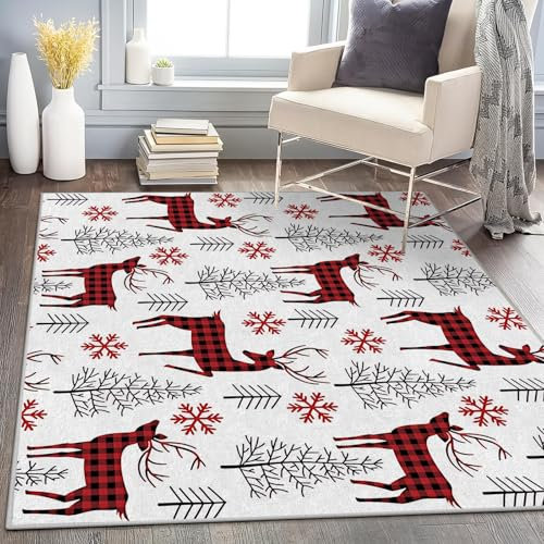 Waschbar in Waschmaschine Wohnzimmer Teppich Rot Rentier 100x200 Kurzflor Teppich Schlafzimmer, Weihnachten Teppich Gegend Dünn Bettvorleger Saugfähig für Jugendzimmer Jungen Mädchen