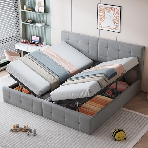 Kayan Boxspringbett 180x200cm mit Bettkasten, Doppelbett Polsterbett mit Lattenrost, Bettgestell mit Stauraum, Schlafzimmer Komplett, Stauraumbett Funktionsbetten, Samtstoff, Ohne Matratze (Grau)