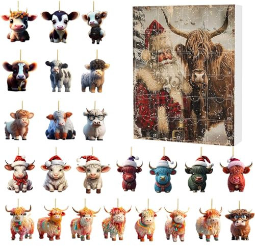 Highland Cow Adventskalender 2024 | 24 Tage Weihnachten Adventskalender Highland Cow Acryl Anhänger | Highland Rinder Weihnachten Adventskalender | Süße Hochlandkuh Weihnachtsschmuck