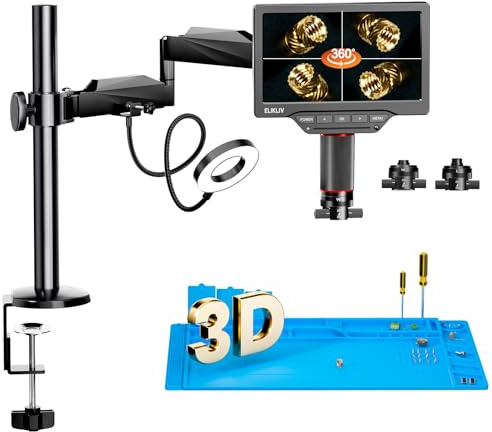 Elikliv EM3K-3D Max 3D Digital Microscope with Magnetic Dual Lens, 3K HDMI, 10.1 Flex Arm, Coin & Electronics Repair Microscope with Ring Light, 64GB Card Included