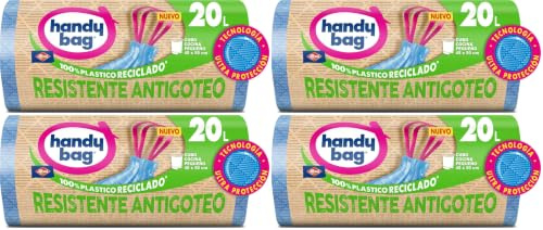 Handy Bag Bolsas de Basura Resistente Antigoteo, 100% Reciclado, Autocierre, 20L, 15 Bolsas, 1 Paquete (Paquete de 4)