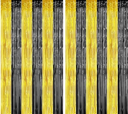 ZayNey Lametta Vorhang (Schwarz Gold) 2 Stück 1 M x 2 M, Deko Vorhang, Geburtstags Deko, Partyvorhänge, Gläzende Metallic-Vorhänge, Funkelnde Folienvorhänge,