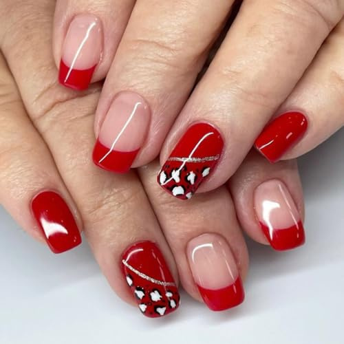 XAGMODSHN Lot de faux ongles artificiels en acrylique avec motifs de léopards pour Noël