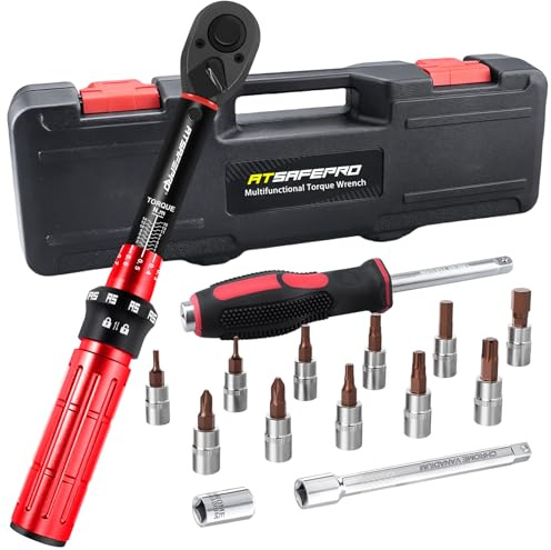 ATsafepro 17 PCS Torque Wrench 1/4'', 1-15Nm Bike Torque Wrench Set,Dual-Direction Adjustable 72 Teeth,±3% Accuracy with 11 Bits,Screwdriver,Scoket,3/8'' Adapter,4 inch Extension Bar