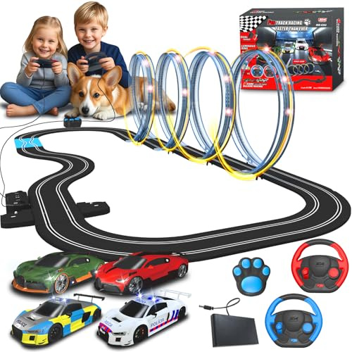 AGM MASTECH 18,7 Fuß Slot Car Rennbahn Set, 4 offiziell lizenzierte Lichtspielzeugautos, Lenkrad- und Pfotensteuerungen, einstellbare Geschwindigkeit, 4 blinkende Looping-Strecken, Dual-Strommodi