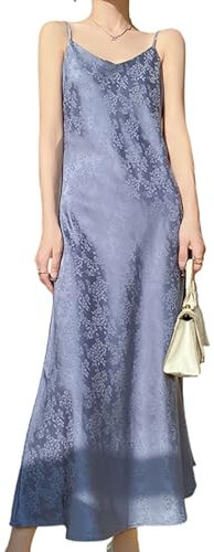 PZUYBZQ Robes En Satin Pour Femme, Robe Longue En Soie Imprimée À Bretelles Fines Et Col En V, Robe De Soirée Élégante Pour Cocktail(Blue,S)