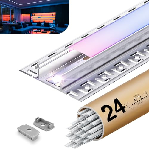 24 x LED Fliesenprofil 2m ohne Fräsung, Einfache Montage LED Unterputzprofil Flächenbündig für Led Streifen bis 20 mm, inkl. Lichtdiffusor aus PC Endkappen für Decke, Gipskarton & Holz geeignet