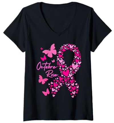 Femme Octobre Rose 2026 Ruban Sensibilisation Cancer du Sein Tee T-Shirt avec Col en V