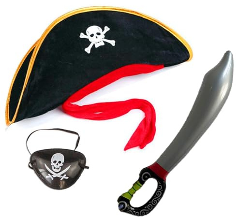 dinghaole Costume de pirate – Chapeau de pirate, cache-œil et épée gonflable de 73 cm pour adultes – Accessoires cosmétiques pour Halloween, bal masqué, fête à thème, jeu de rôle