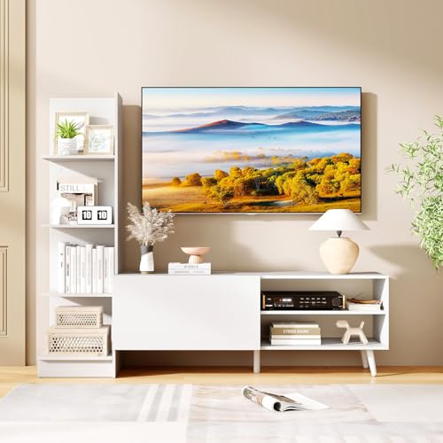 GIANTEX TV Wohnwand Weiß, Fernsehschrank mit Stauraum, TV-Schrank mit Bücherregal & verstellbarem Regal, TV Ständer für Fernseher bis zu 50 Zoll, Fernsehtisch TV-Board Sideboard Lowboard Holz