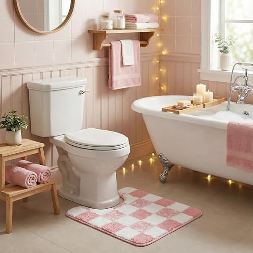 GRANNY SAYS Checkered Pink U Shaped Toilet Mat, 20 x 24,Cute Toilet Rug