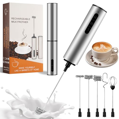 Mousseur à Lait Électrique Cappuccino, USB-C Rechargeable, en Acier Inox avec 3 Vitesses et 5 Embouts, Fouet Portable pour Café, Latte, Matcha, Chocolat Chaud, Crème, Œufs