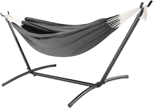 AVOID Amaca per 2 persone con supporto – Grigio – Include robusta struttura in acciaio – Comodo panno in cotone traspirante – 263 cm x 100 cm x 100 cm – Portata 175 kg – Per interni ed esterni
