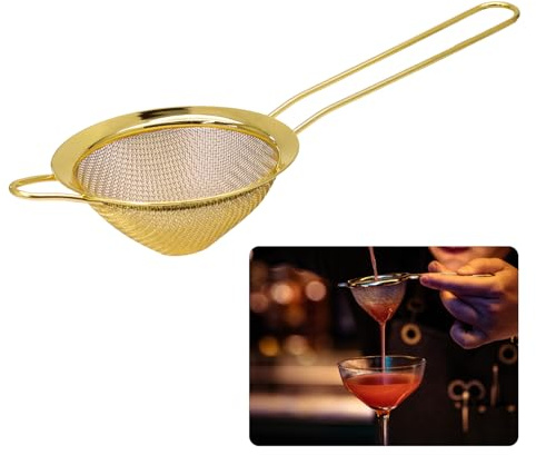 Auvotuis Small Fine Mesh Strainer, Stainless Steel Cocktail Sieve Mini Strainer for Cocktails, Tea, Herbs, Drinks and Coffee, Small Sifter with Handle (Gold)