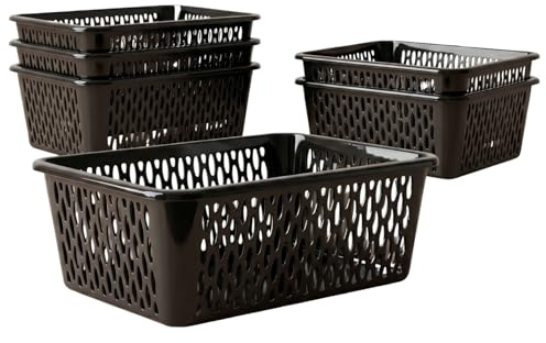 BERLONA Aufbewahrungskorb Kaja, 6er Set, 30 x 20 x 10 cm - Schwarz | Ordnung in Schublade, Küche und Bad, flexibler und formstabiler Kunststoff, offenes Format für schnellen Zugriff