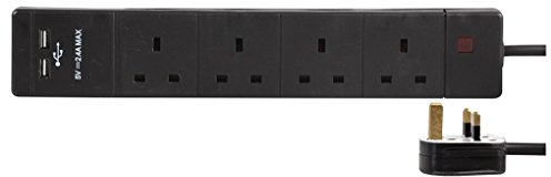 PRO ELEC PEL00111 4 Gang Extension Lead with 2 USB 5m, Black