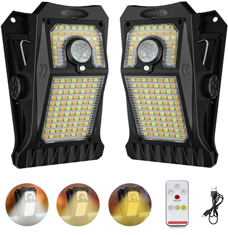 Tryme 118Leds Solar Lights Outdoor Clip Motion Sensor Lights Security Light 3 Modes, 3 Color Temperature, Solar Powered, USB Charging (2 Pack)