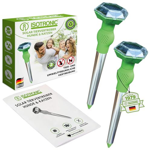 ISOTRONIC Ultraschall Solar Tiervertreiber, Katzenschreck, Hundeschreck bis zu 5m Reichweite, Bewegungsmelder, Wetterfest IP44, NI-MH Akku, Frequenz 25kHz (Grün) (2)