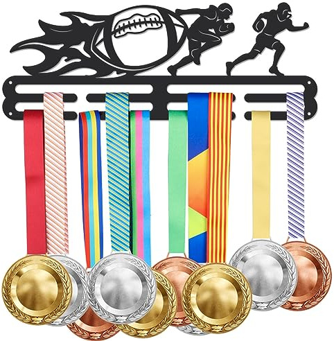 SUPERDANT Football Americano Porta Medaglie con Porta Medaglie di Fuoco Gancio di Ferro Cornice per Premi Nastro Tifo per 60+ Nastro Cordino Medaglia Appendiabiti da Parete Regali per Bambini