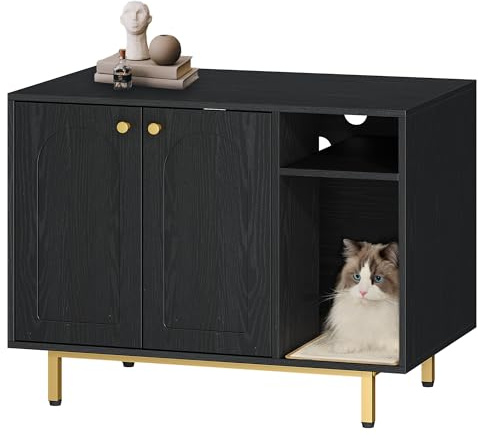 Hzuaneri Katzenschrank, 80 x 50 x 61 cm Katzenklo Schrank, Schwarz und Gold | Katzentoilette, Katzenhaus mit Tür und separater Trennwand, Stabile Katzenschrank, Sitzbank, Schwarz und Gold CB01504G