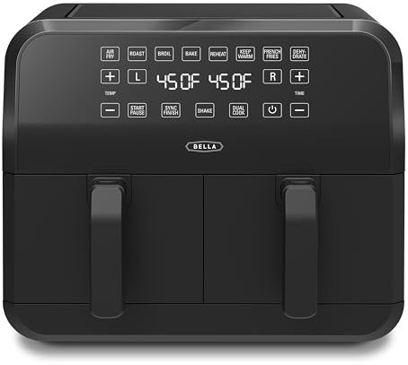 bella 8L Dual Basket Heißluftfritteuse mit Touchscreen, 8 Kochfunktionen, einstellbarer Temperatur, automatischer Abschaltung und Timer, antihaftbeschichteten Kochschalen, 1700W, Schwarz