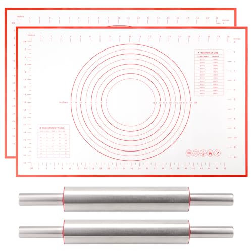 CHUIFAI 2er Set Nudelholz mit Backmatte, Teigroller Edelstahl mit 60x40cm Silikon Backmatte, Drehbare Teigausroller, Antihaft Teigrolle Nudelhölzer für Gebäck Teig Pizza Nudeln Kuchen Zuckerguss