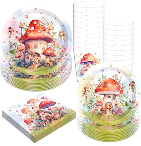 Adirasenotek Akvarellsvampstallrikar, servetter, koppar, engångsartiklar för födelsedagsfest, babyshower, bröllop, modern fyrkantig design, akvarellsvampmönster,