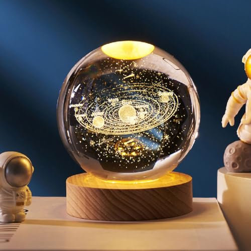 Ludosphere Lamp, Ludo Sphere Lamp, 3D Kristallkugel Nachtlicht, 3D Sonnensystem Planeten Kristallkugel Nachtlicht mit Holzsockel, 2.4inch Kristallkugel Geschenke für Männer und Frauen (Solar System)