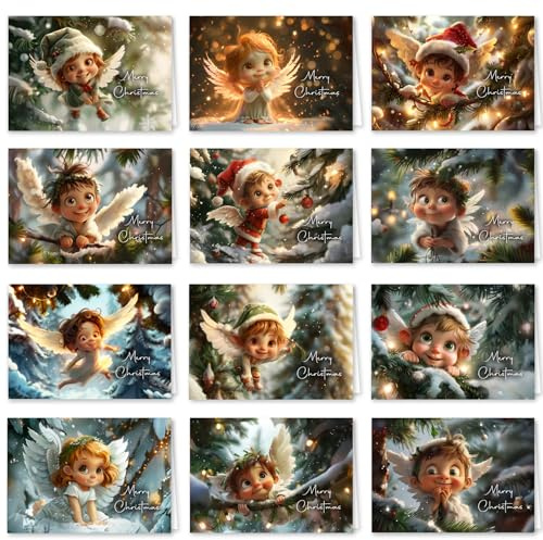Juego de 12 tarjetas de Navidad plegables con sobres, diseño de ángel de Navidad con sobres brillantes