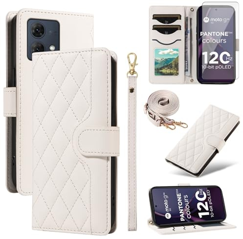 Asuwish Funda de teléfono para Motorola Moto G84 5G con protector de pantalla de vidrio templado y correa para la muñeca, tarjetero, soporte, accesorios para celulares, protección G 84 2023, para