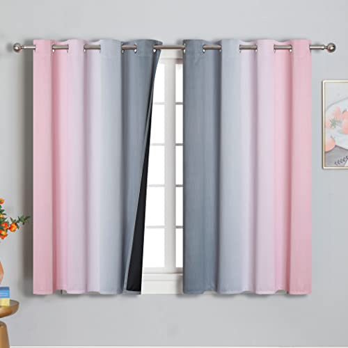 VEHEDE Blackout Noise Reducing Eyelet Curtains & Drapes for Kids Bedroom, Ombre Energy Saving Thermal Curtains, Wave Gradient Curtain for Small Window, W52 x L54 Inch, Pink and Grey, 2 Panels